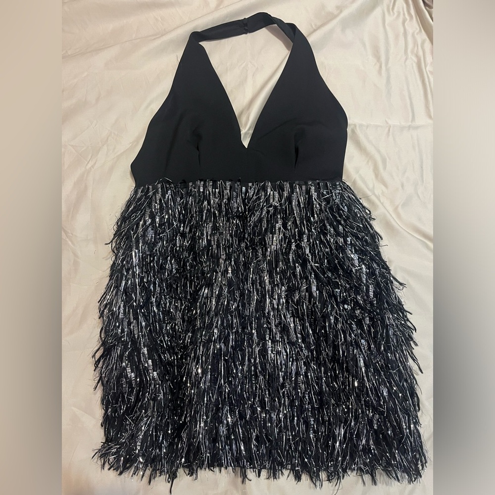 Do+ Be feathers black open back boutique dress